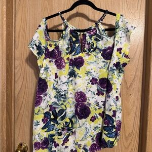 Floral Cold Shoulder Top - Purple and Yellow